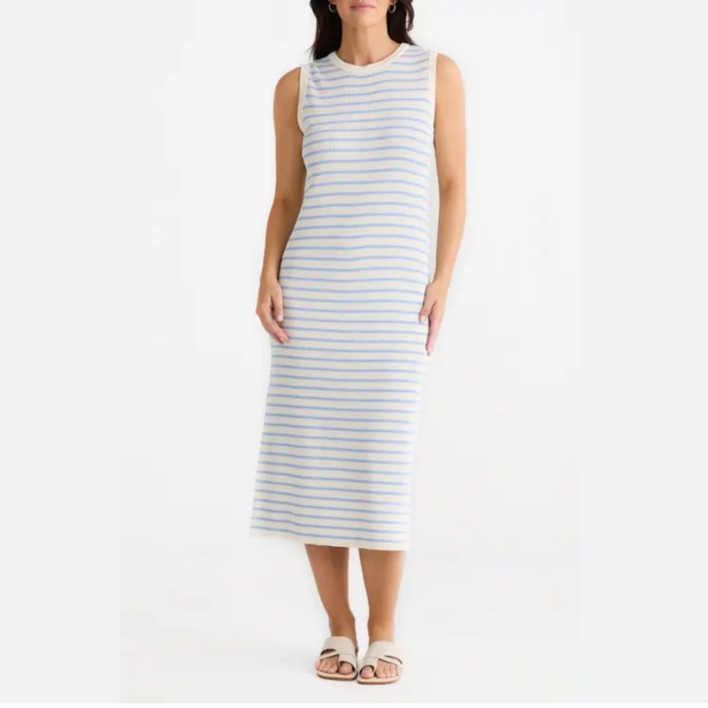 Brave + True Small S squad striped ribbed midi dress ecru blue nwt - Picture 3 of 7